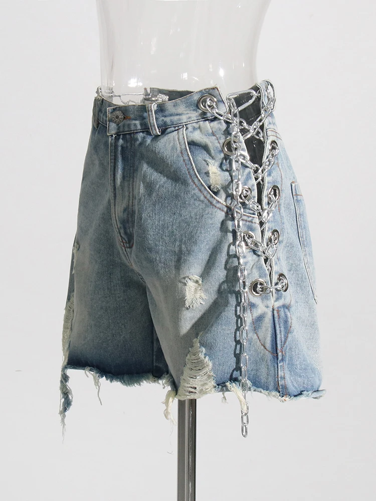 TWOTWINSTYLE Solid Denim Shorts For Women High Waist Patchwork Chain Temperament Casual Loose Sexy Short Panst Female Summer New