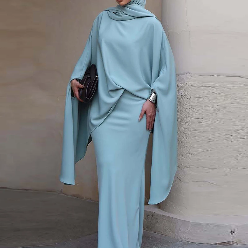 

Women Fashion Draped Long Skirt Outfits Elegant O-neck Muslim Satin Abaya Set Casual Hight Waist Long Sleeve Solid 2 Piece Suit
