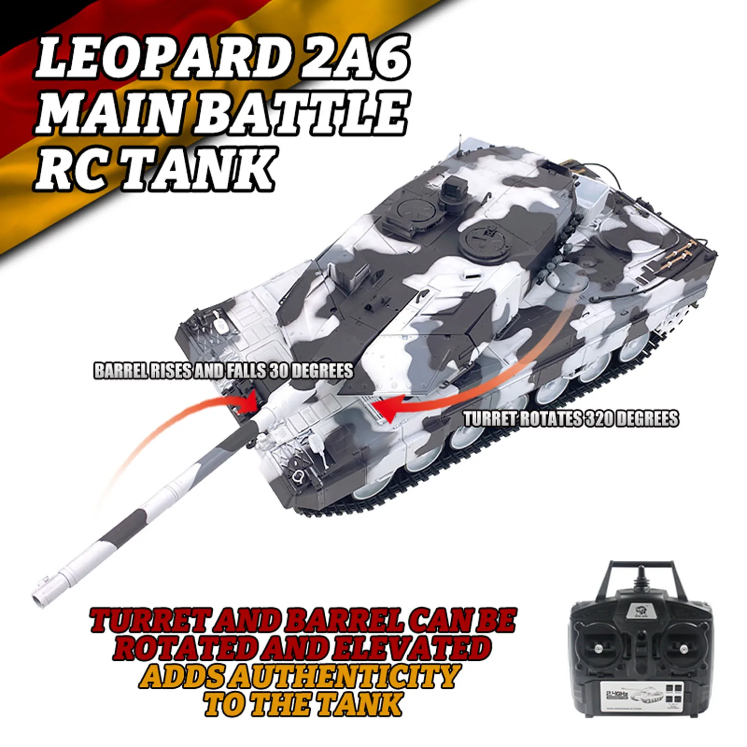 Czołg RC 1:16 7.0 Leopard 2A6 Heng Long 3889 Elektryczny z Metalową Skrzynią Biegów, Zawieszeniem, Barami, Funkcją BB, IR, Efektem Odrzutu Broni, Dźwiękiem i Światłem