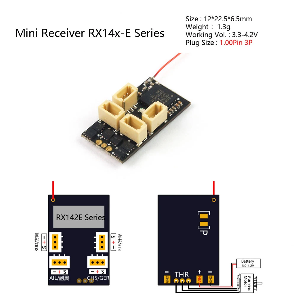 

AEORC RX14-E Mini Receiver Integrated 5A/1S Brushless ESC for Micro Indoor Airplanes Support S-FHSS DSXM/2 Frsky-D16 RX142-E