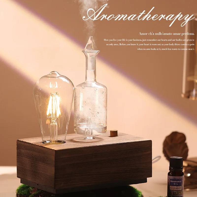 Essential Oil Aroma Diffuser Round Solid Wood Waterless Aromatherapy Scent Machine LED Colored Nebulizing with Higher Atomizing