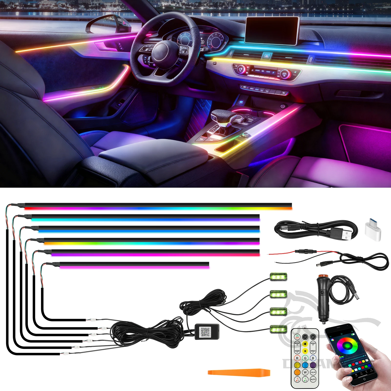 

Светодиодная лента для интерьера автомобиля, неоновая RGB-подсветка, декоративные аксессуары для авто, 10 в 1