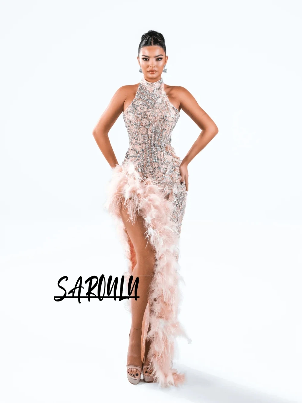 

Pink Halter Crystal Embellished Sexy High Slit Evening Dess Opulent Fashion Feathers Flowers Beads Cocktail Gown Customized