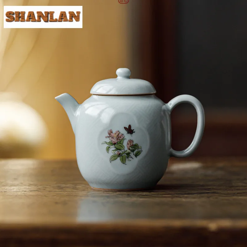 

145ml Sky Blue Ru Porcelain Window Flower Teapot Creative Tea Infuser Pot Tea Soaking Kettle with Strainer Dahongpao Cha Gift