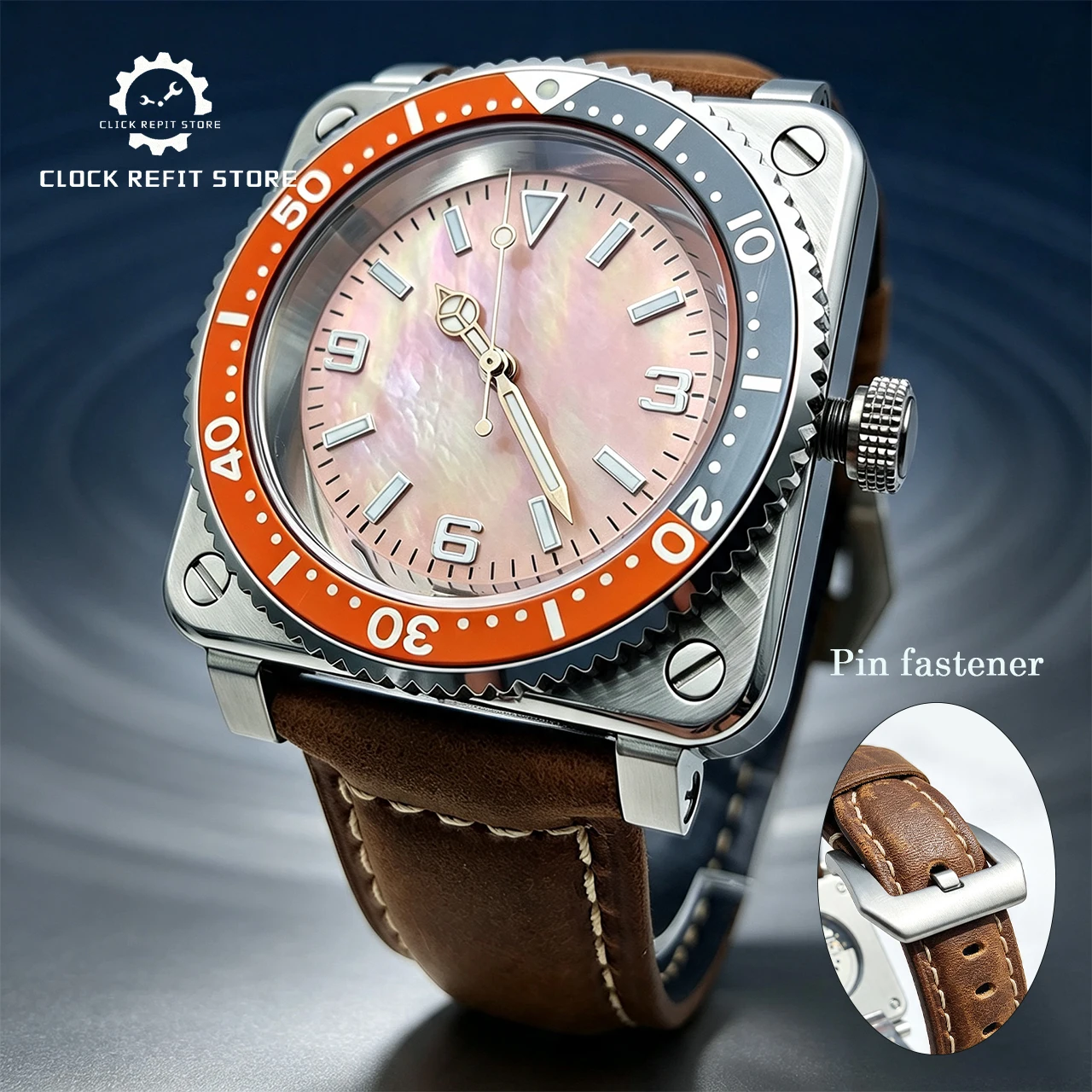 42mm Square NH35 Mod Watch with Orange Mother of Pearl Luminous Dial, Sapphire Crystal Aluminum Bezel Leather Strap