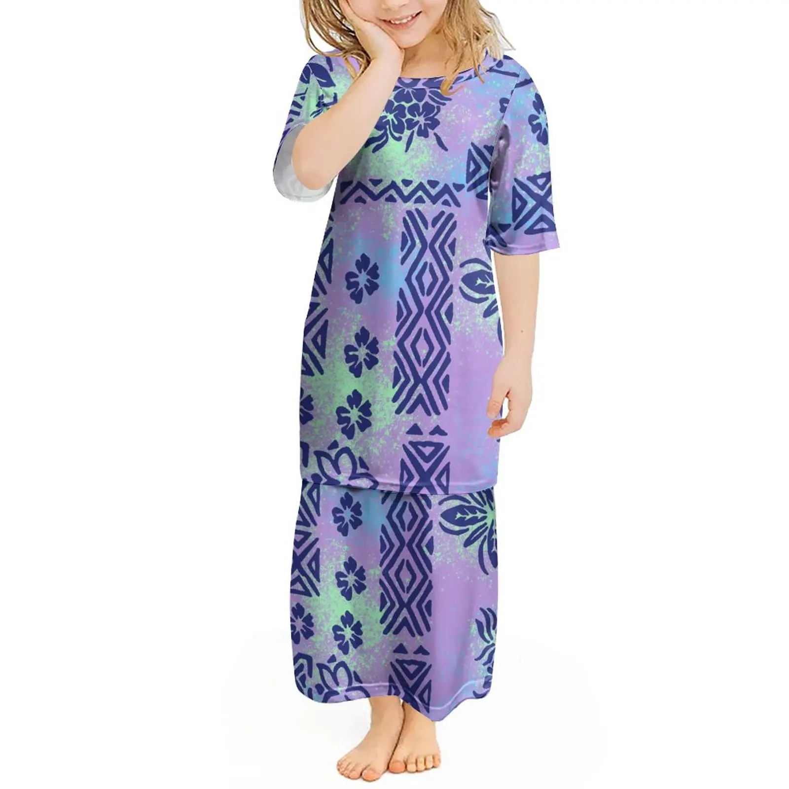 2022 New Fashion Custom Pattern 2 Piece Set Girl Dress Big Round Neck Half Sleeve Girl Dresses Maori Polynesian Tribal Puletasi