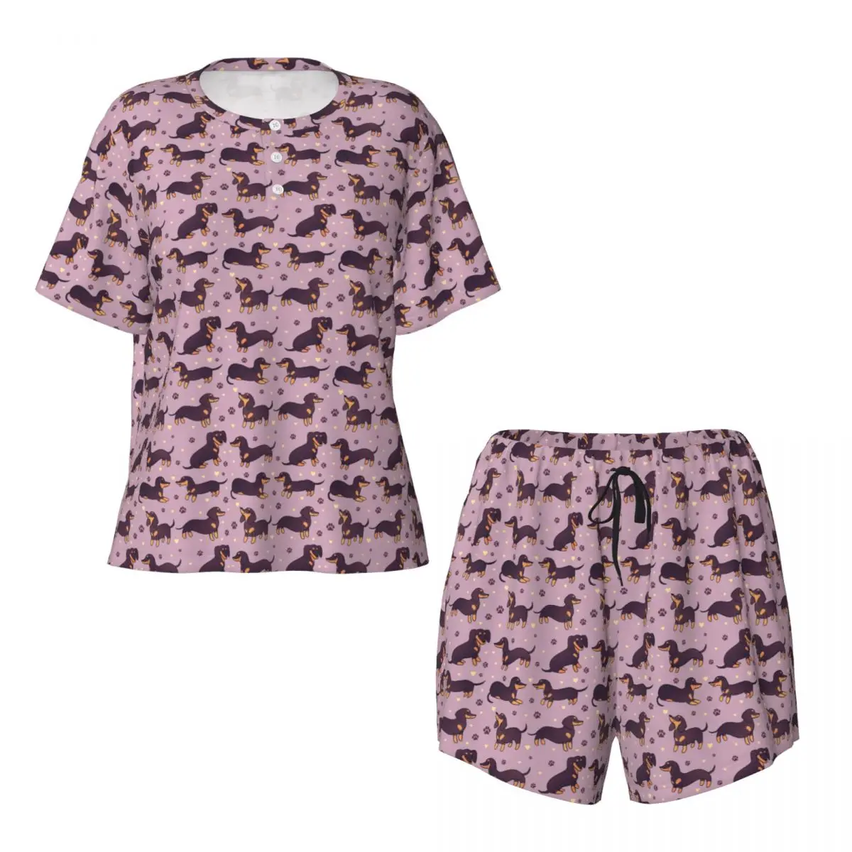 Custom Cartoon Dachshund Dog Pattern Pajama Sets for Women 2 Piece Short Sleeve Pjs Shorts Sleepwear