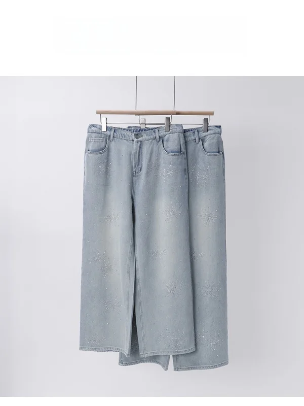

plus Size Starburst Jeans Casual High Waist Straight Leg Cotton Denim with Pearl Embroidery for Young Women 18-29 Years Old