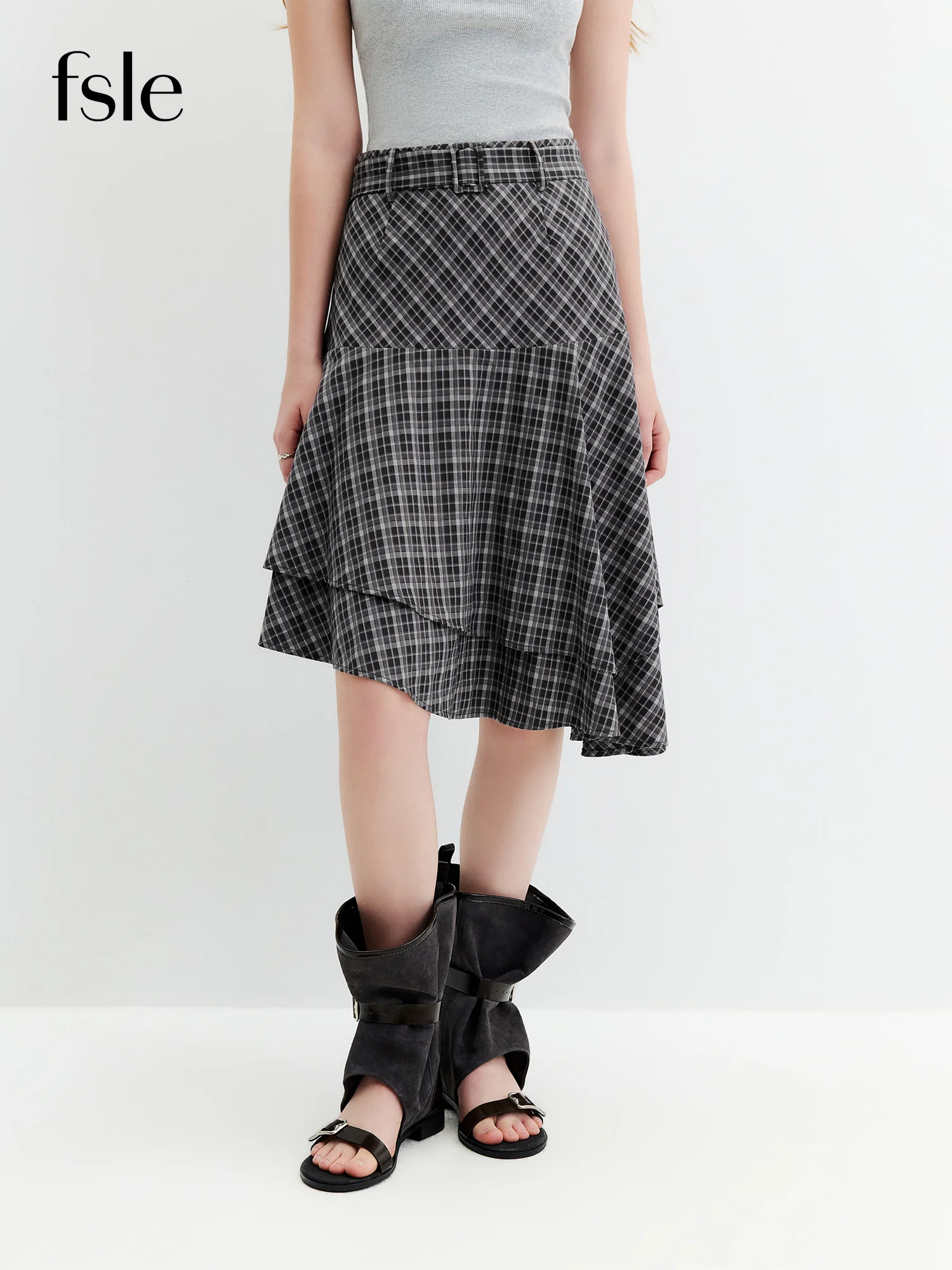 FSLE 2026 Fall New Women's Asymmetric Plaid Midi Skirt, High-Waist Draped A-Line Skirt Retro Y2k Vintage Style Skirt with Belt