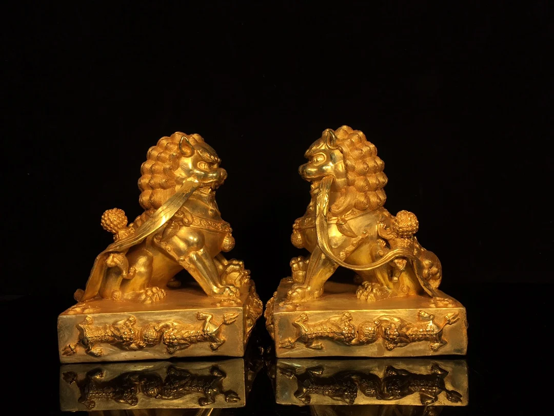 

8"Tibetan Temple Collection Old Bronze Gilded Cinnabar Lion Statue Mother and Child Lions A Pair Town house Exorcism