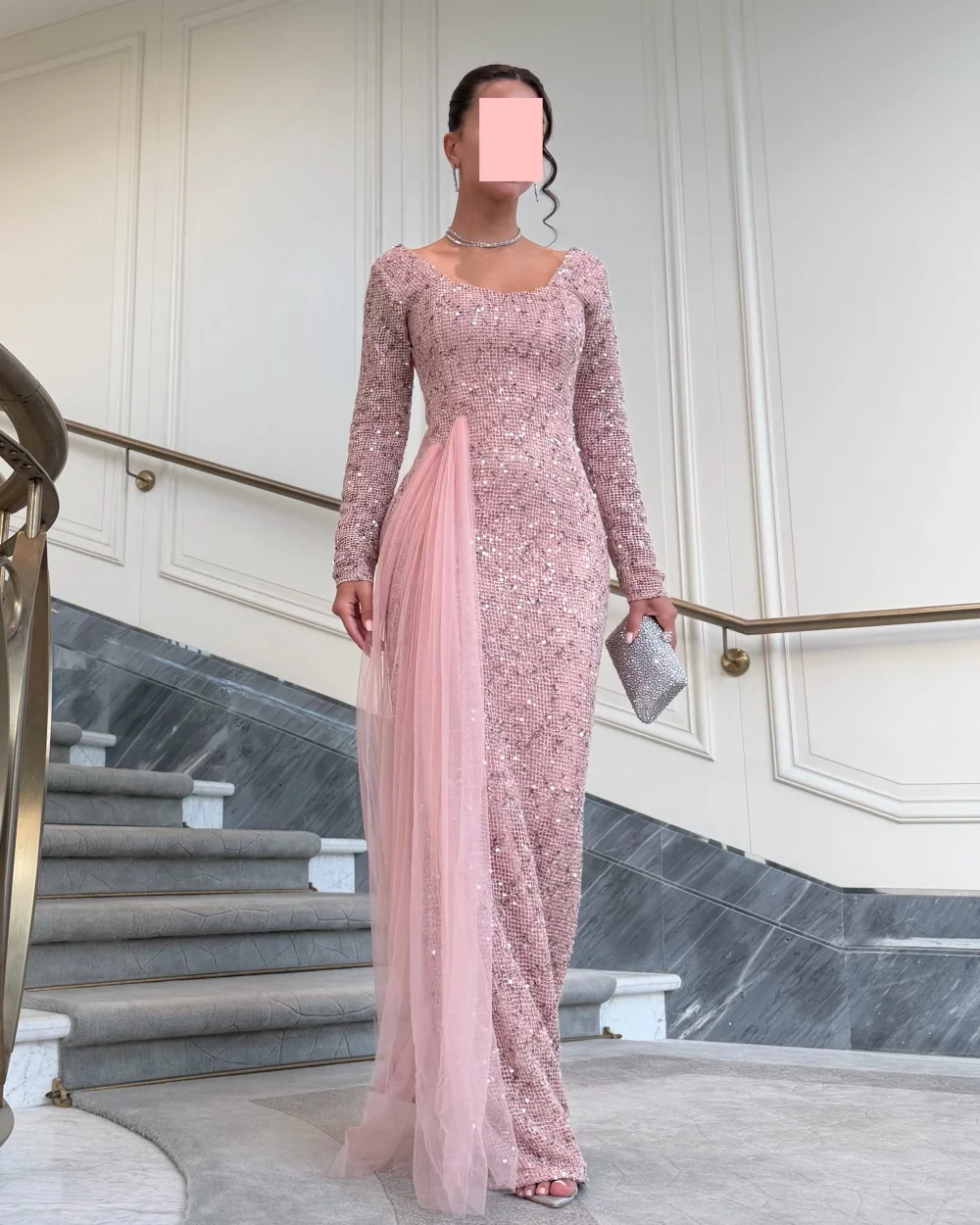 

Customized Elegant Women Tulle Sequined Pleat Straight Evening Dresses Classic Sexy O-Neck Long Sleeves Floor Lenght Prom Dress