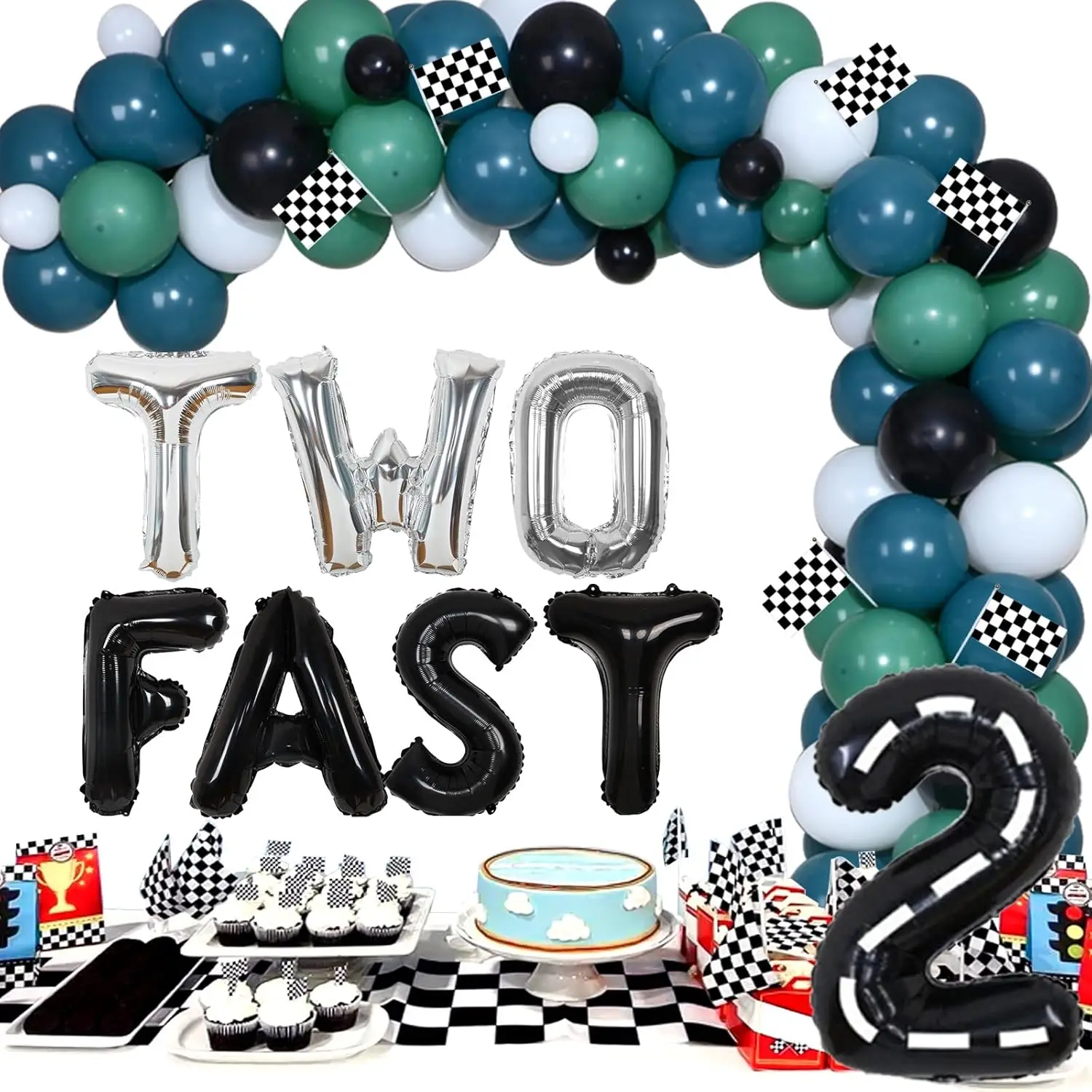 

Birthday Party Decorations for Boys, Vintage Racing Car, Birthday Supplies, Blue and Green Balloon, Garland Kit for 2 Year Old