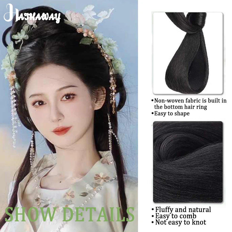 Hanfu Wig satu potong sintetis, kostum Wig hiasan rambut, Wig tas rambut Sanggul antik gaya pengantin dalam Ming dan lagu, pakaian wanita