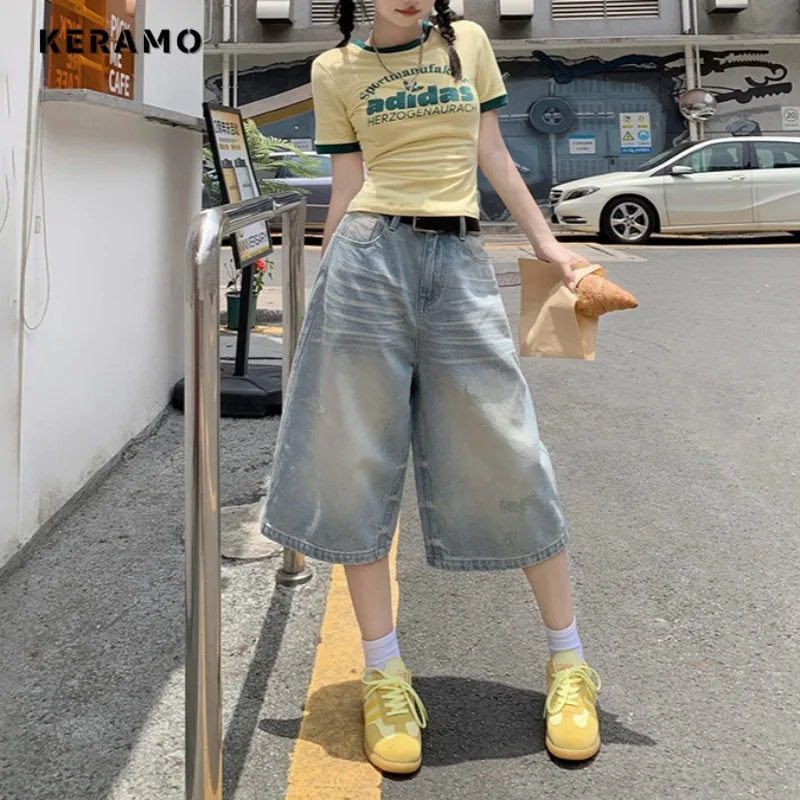 Damen lässig Retro weites Bein Baggy Denim Shorts Harajuku solide hohe Taille lose Jeans 2000 Sommer 1920er Jahre hellblaue Shorts