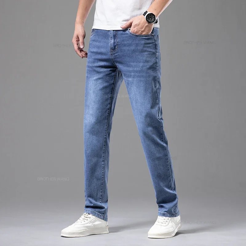 Zomer dunne heren elastische katoenen jeans mode grijze comfortabele zakelijke rechte casual broek merk mannelijke kleding broek