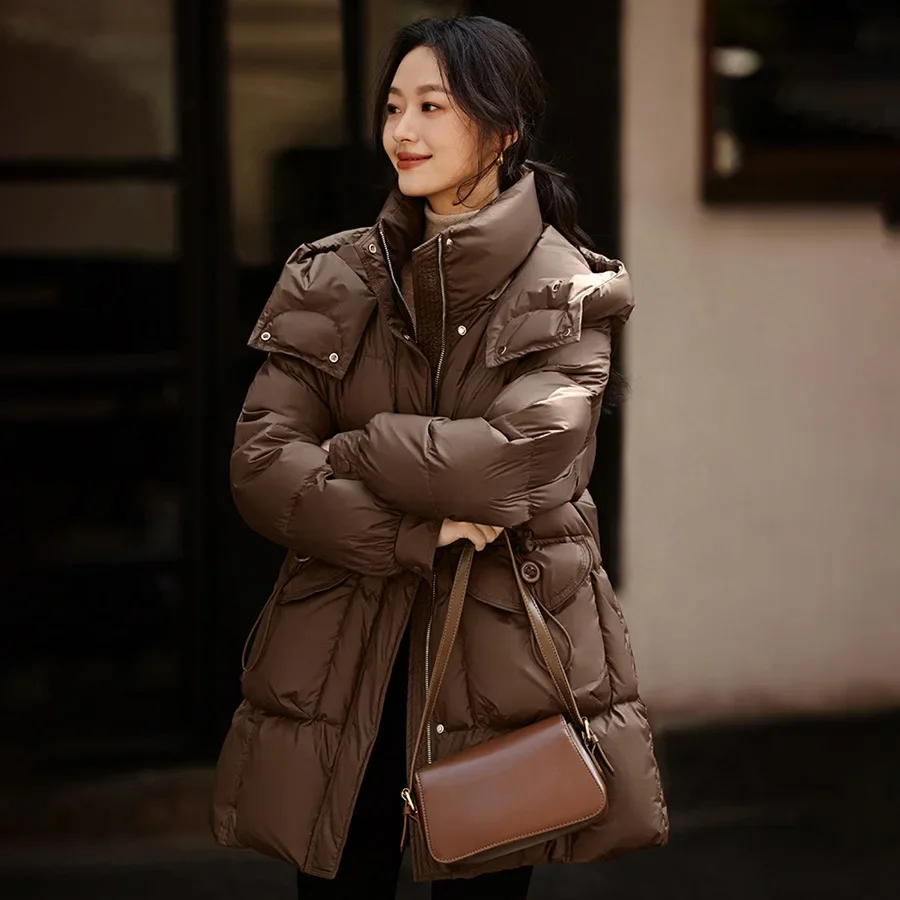 

Winter Clothes for Women White Duck Down Mid-length Down Jacket Hooded Loose Thicked Warm Women Jacket Fashion Casual Outerwear