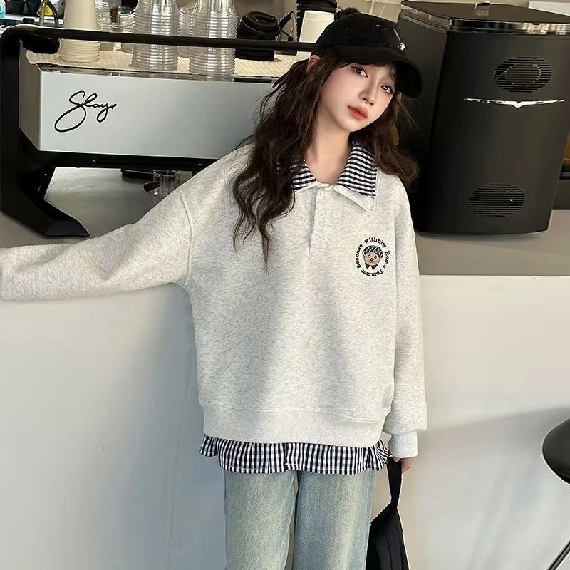 

Новинка 2025, весенняя стильная двухсекционная рубашка с воротником-поло для девочек-поло, двухслойная толстовка с круглым вырезом для детей среднего и старшего возраста