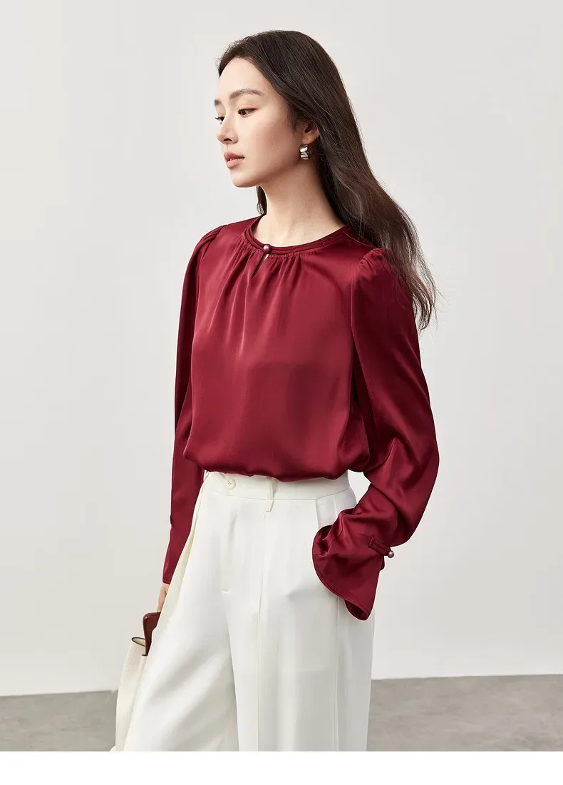 SENTUBILA, blusa calada de estilo chino para mujer, camisas y blusas de manga acampanada holgadas con cuello redondo para primavera y otoño 2025, 143V55637