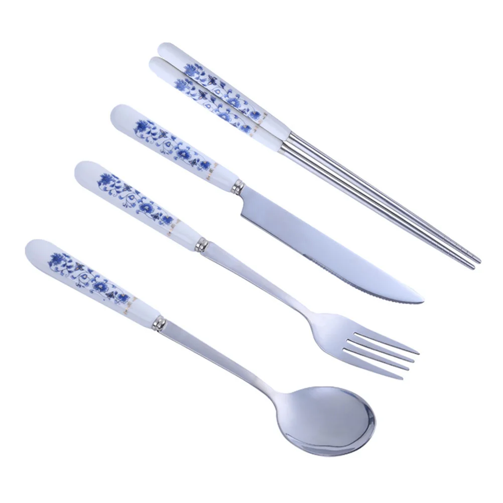 

Blue White Porcelain Tableware Set Restaurant Home Dinner Supplies Spoon Stainless Steel Serving Western Food