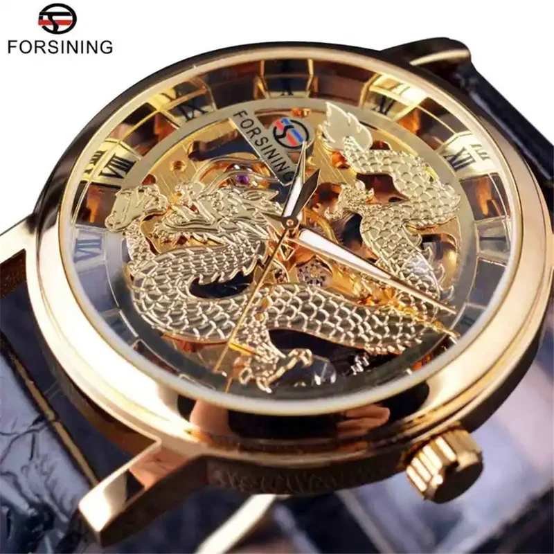 Forsining 36 Glass Boy Casual Sport Leather Handwinder Men Mechanical Wrist Watch Skeleton Dragon Clock Fashion Low Price