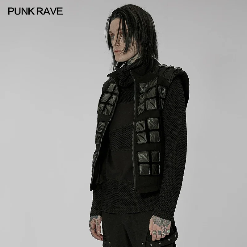 PUNK RAVE Men\'s Post-apocalyptic Style Distressed Vest Geometric Pattern Sleeveless Waistcoat Men Clothing Autumn/Winter