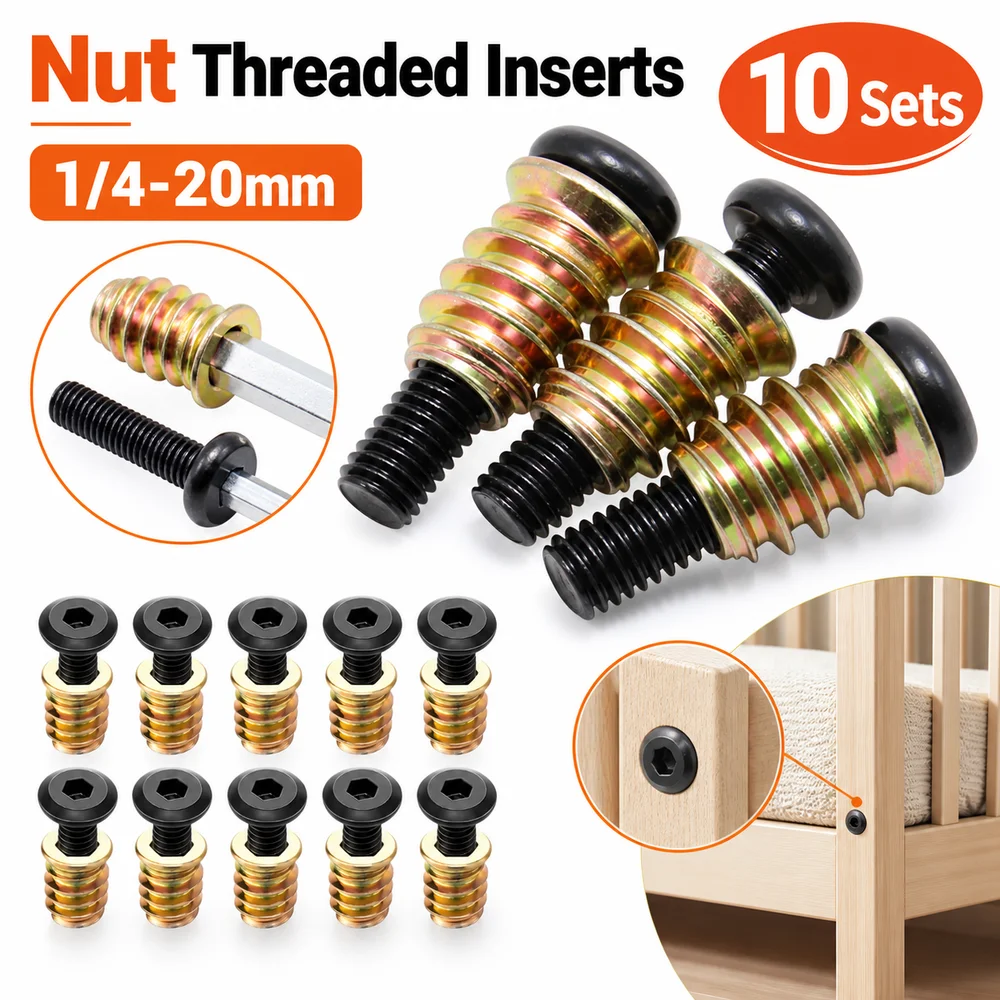 10Sets 1/4-20mm Threaded Inserts Tool Kit Black and Golden Plain Carbon Steel Wood Furniture Screws Hexagon Drive