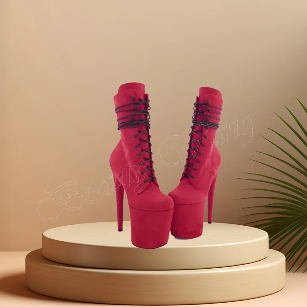 

Red Front Cross Tied Boots Platform Lace up Suede Spike High Heel Shoes for Women Runway High Heels 2023 New Zapatillas Mujer