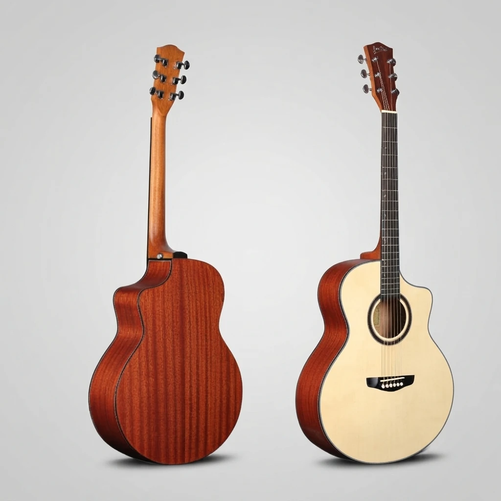 Acoustic Guitar 6 String Cutaway Natural Top Brown Back Sides Chrome Tuners Dot Inlay White Bridge Pins Glossy Body Slim Neck