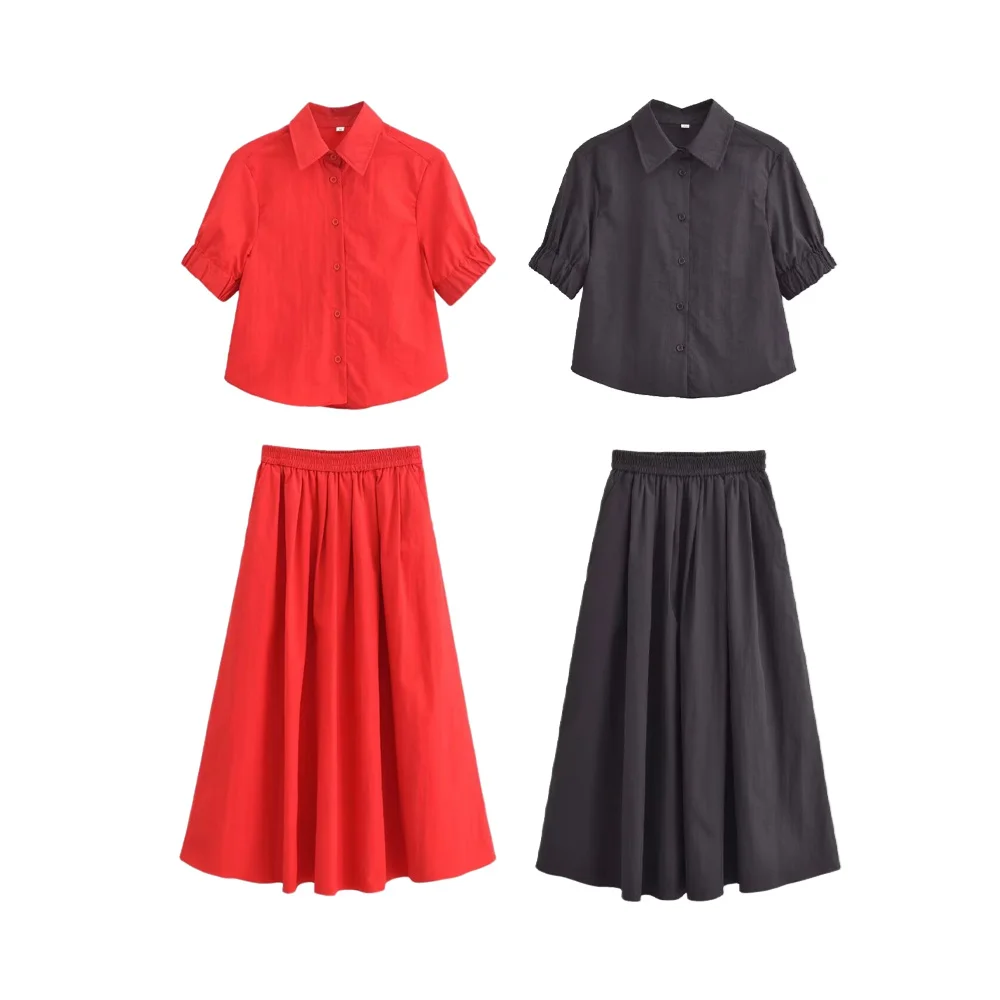 PB&ZA2024 Summer New Product Casual Women\'s Fashion Collar Short sleeved Shirt High Waist Wide Swing Midi Skirt Set