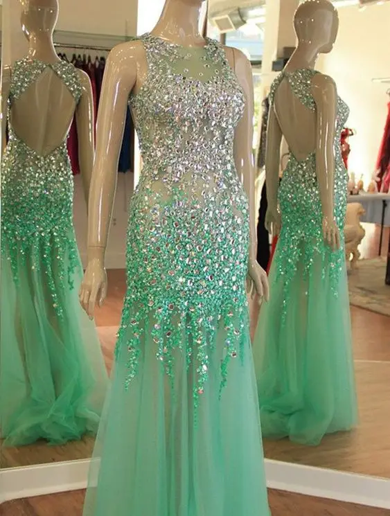 

IRIDESCENT Mint Green Rhinestones Beaded Appliques Backless Mermaid Wedding Dress Sparkly Sleeveless Formal Party Gowns