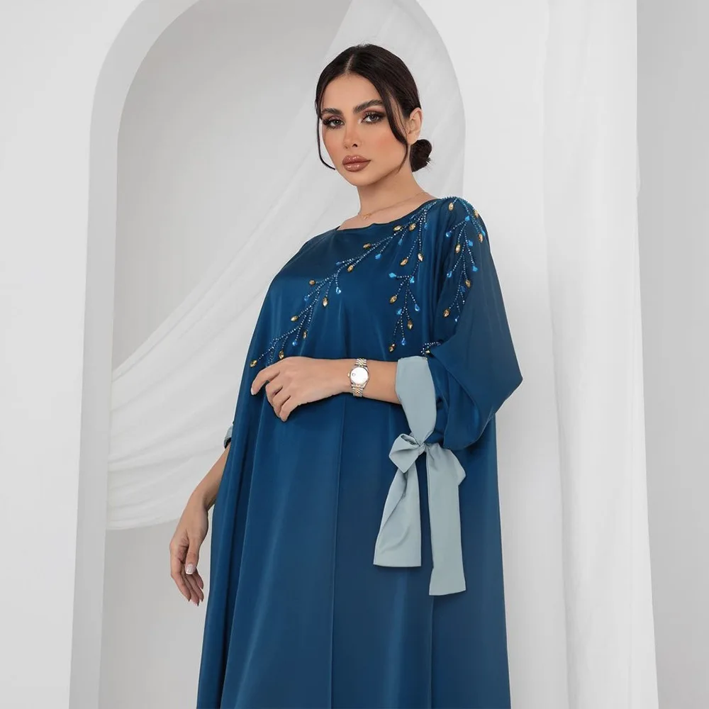 

Femme Musulman for Middle East Arabia Satin Gown Evening Dress Abaya for Women Diamonds Muslim Dresses Eid Ramadan Jalabiya Robe