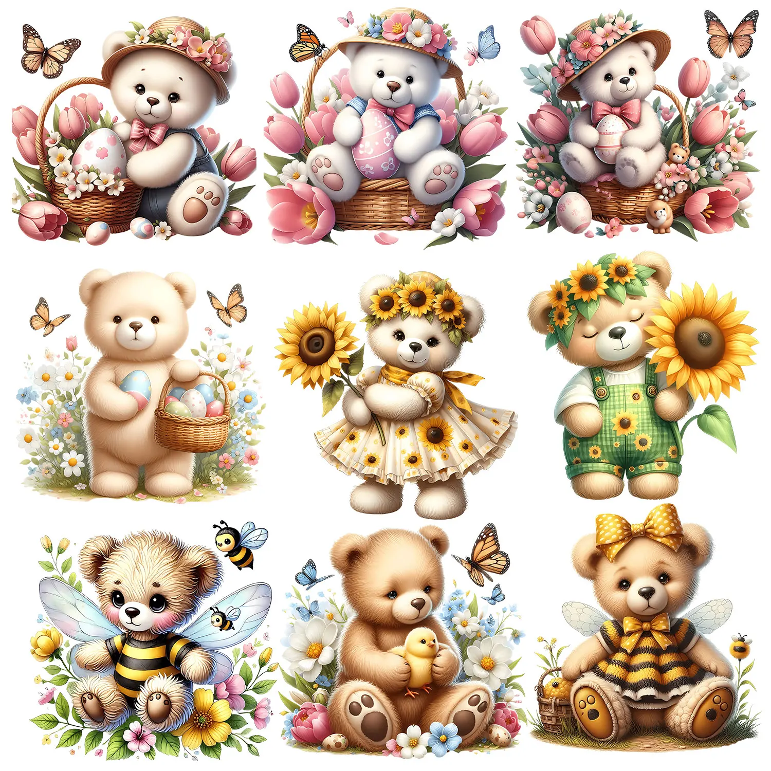 Cute Teddy Bear Decals Spring Themed Heat Transfers Flower Iron on Patches Sticker for Cloth Perfect for DIY Gifts