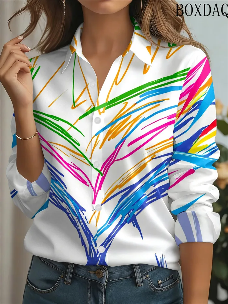 Autumn New Long Sleeved Women's Blouse Casual Lapel Button Heart-Shaped Graffiti Print Loose Elegant Shirts