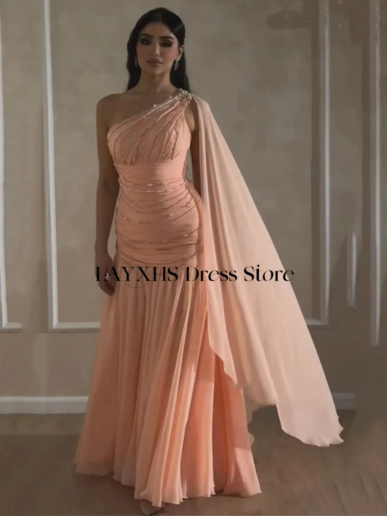 فساتين سهرة فاخرة مطرزة بحورية البحر من LAYXHS بكتف واحد وشال مطوي لحفلات أعياد الميلاد فساتين حفلات مخصصة من Fساتين Sher