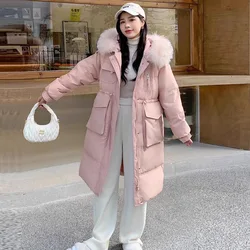 Women's Long Knee-length Down Jacket Waisted Hooded Large Hair Collar Warm Coat 90% White Duck Down Temperament Leisure Parka