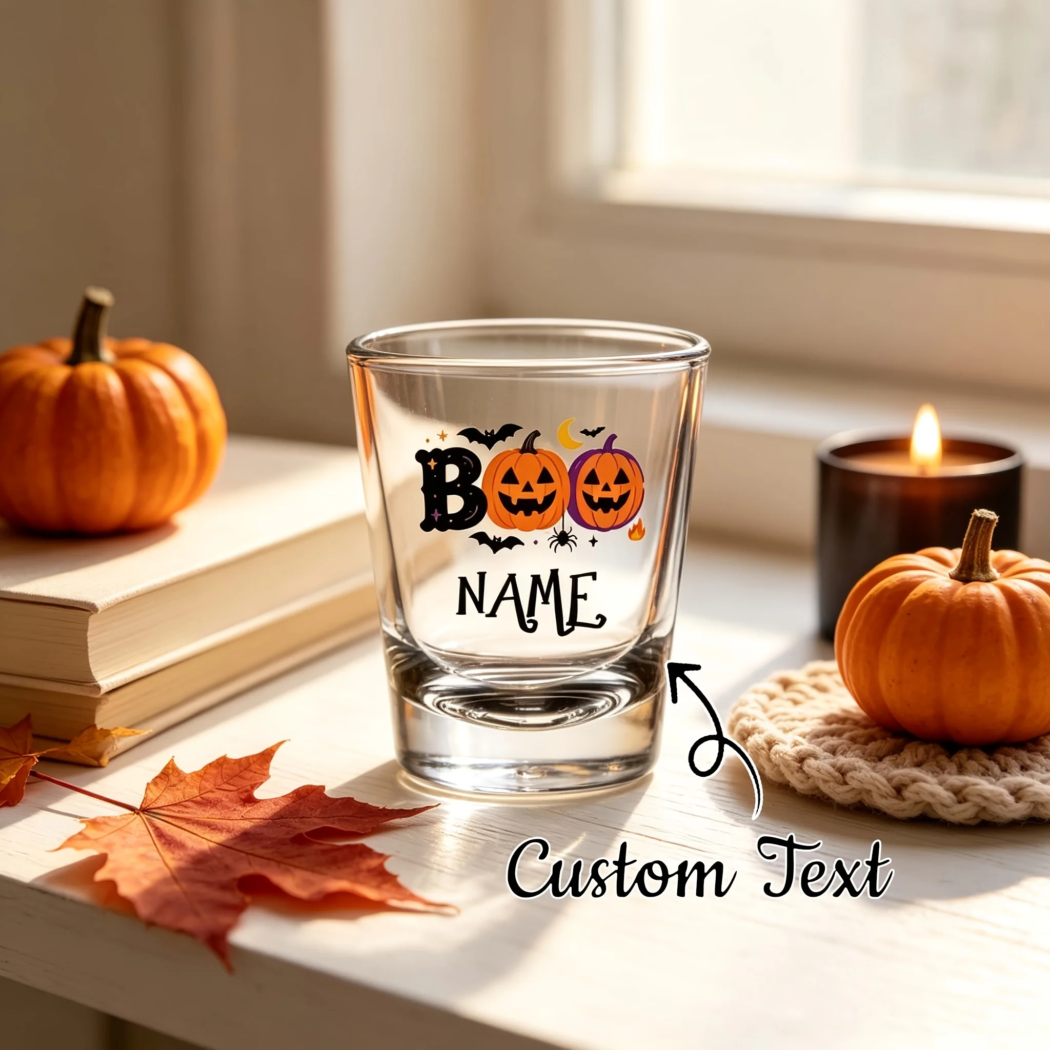 1 Personalized Liquor Glass, Customizable with Name, Boo Pumpkin Halloween Shot Glass, Transparent Glass Cup with Bat and Spider Print, Customizable Text on the Glass, Halloween Party Supplies, Creative Gift for Friend
