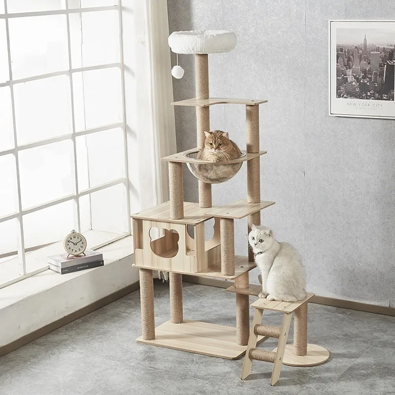 65-Inch Multi-Pure Wood-Level Cat Tree Tower with Condo,  with Padded Platform Bed, Toy Balls, and Sisal Scratching,Cat Tree