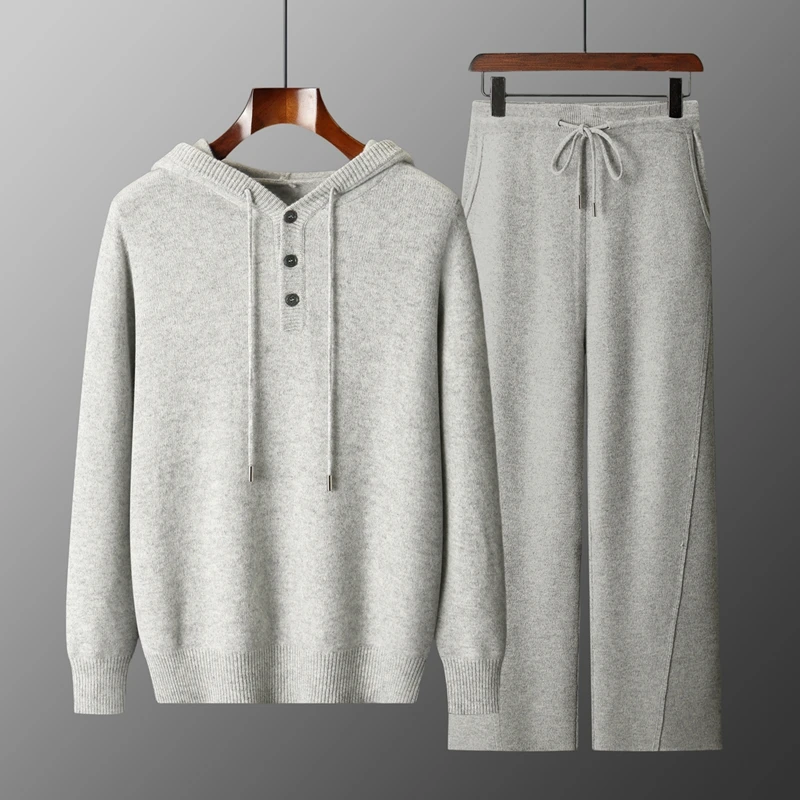 

Autumn Winter Thick Hoodie Set 100% Merino Wool Men's Hoodie Knitted Pullover Sweater Casual Loose Wide Leg Pants Two Piece Set.