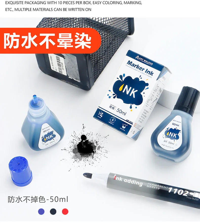 1 Box 50 ml Permanentmarker-Tinte, ölig, schnell trocknend, wasserfest und lichtbeständig, nicht löschbare Marker-Tintennachfüllung, Rot, Blau, Schwarz – Detail 3