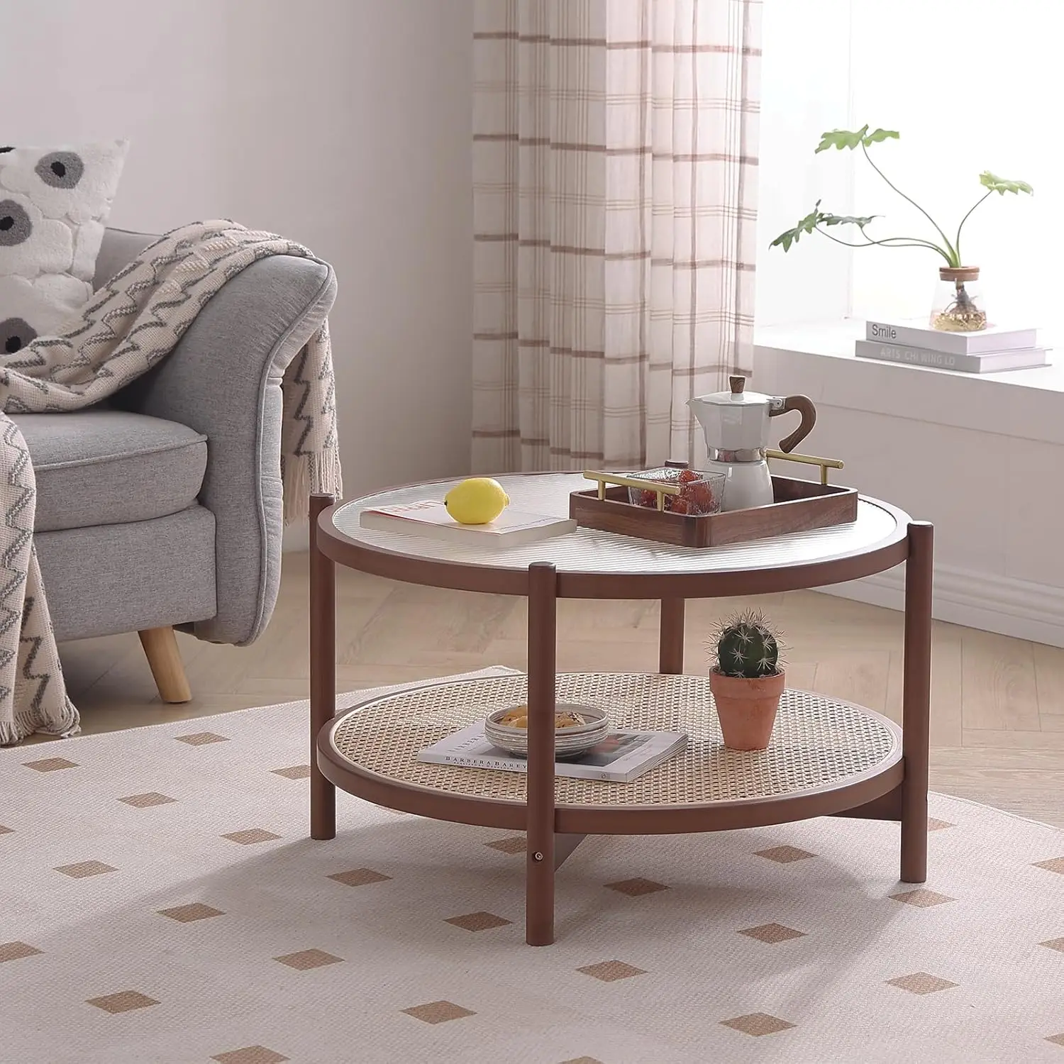 Tiita Rattan Coffee Table, Large Round End Table, 27.6 Inch Modern Side Table, Living Room Side Table, Glass Sofa End Table For