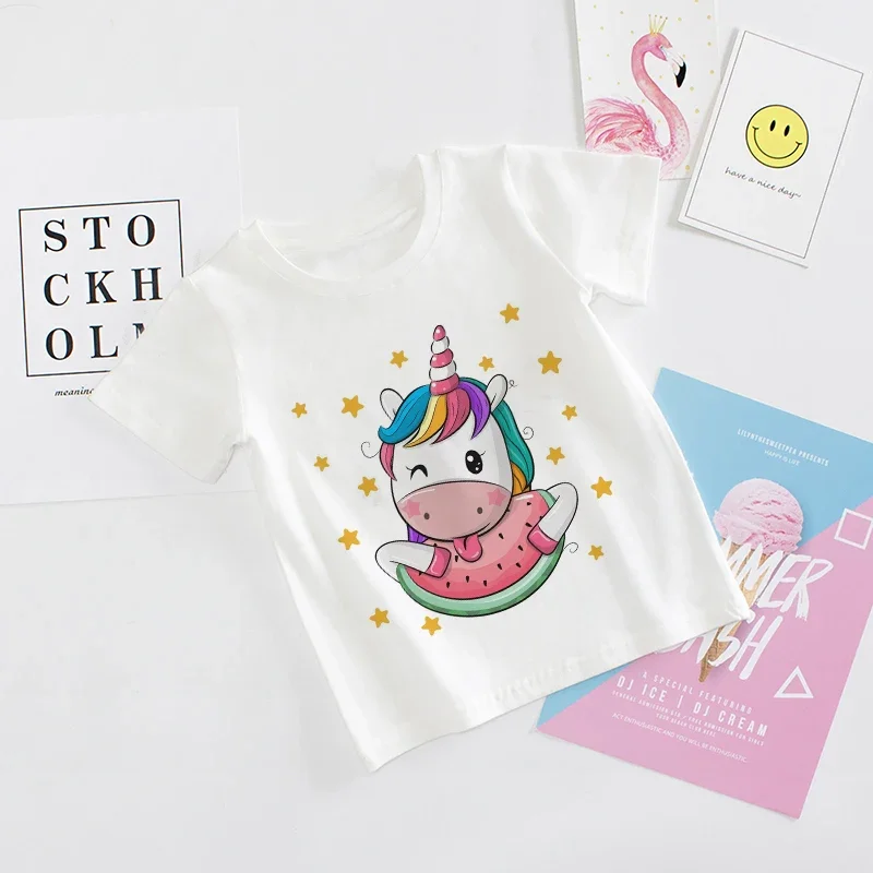 

2021 Summer Fashion Unisex Unicorn T-shirt Children Boys Short Sleeves White Tees Baby Kids Trend Cute Tops For Girls Clothes.