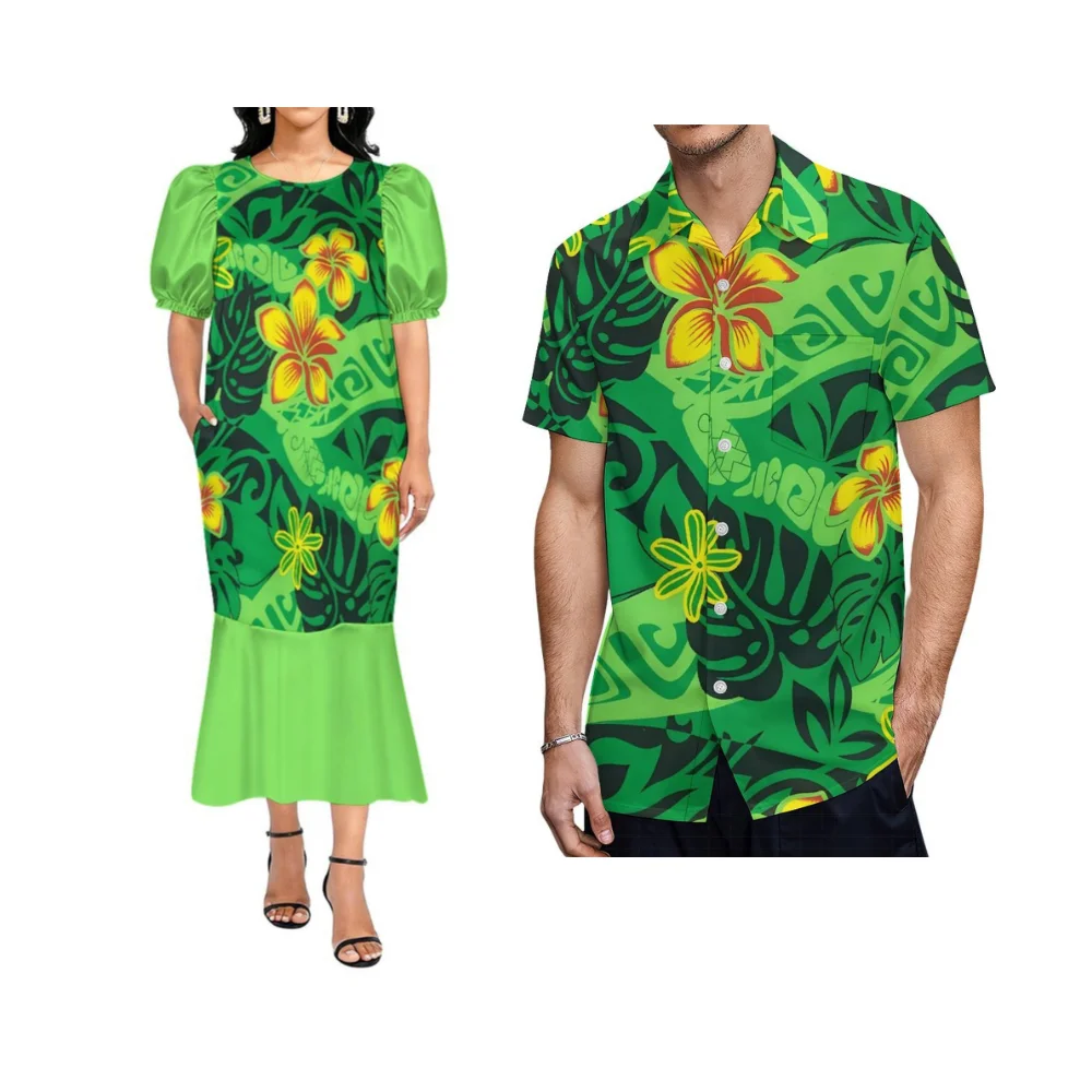 

Tribal Pattern Design Customized Couple Clothing Hawaiian Retro Puff Sleeve Pocket Design Women'S Dress With Long Ruffled Edges