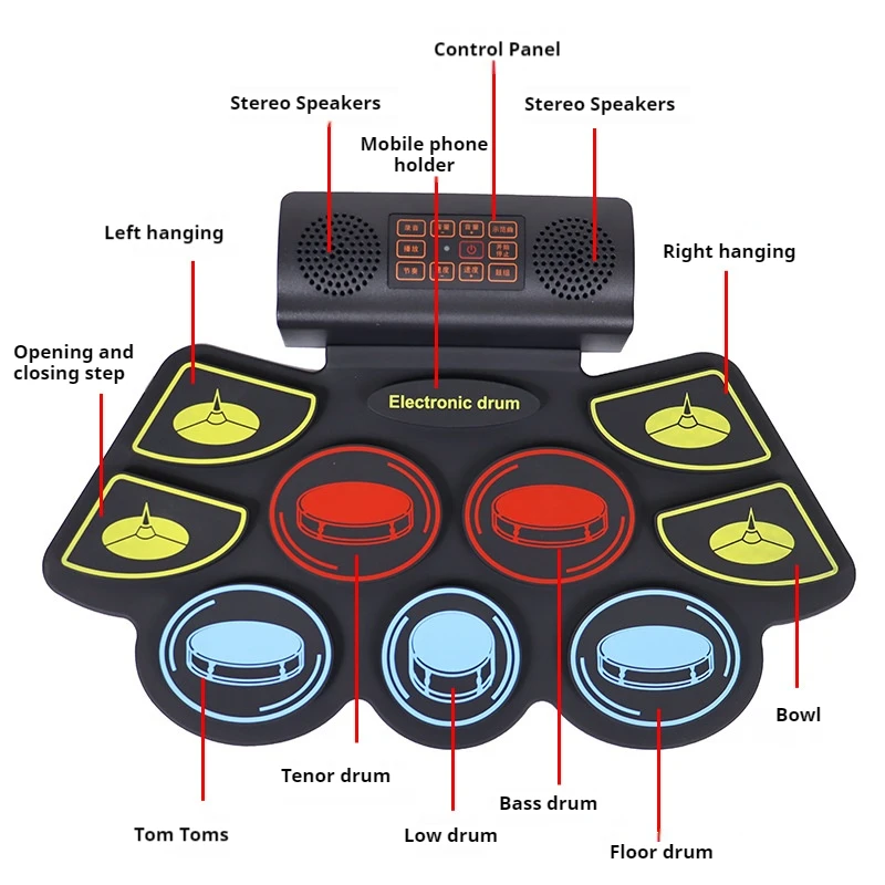 مجموعة طبول إلكترونية محمولة ملونة قابلة للطي ملفوفة يدويًا براميل MIDI بلوتوث مع دواسات أفخاذ للمبتدئين في الممارسة #6