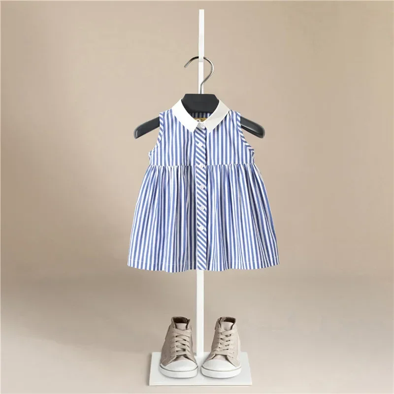 

Summer Casual Shirt Dress Simple Kids Dress Sleeveless Vest Girls Lapel Loose Hem Striped Flowers Prints Kids Dresses for Girl