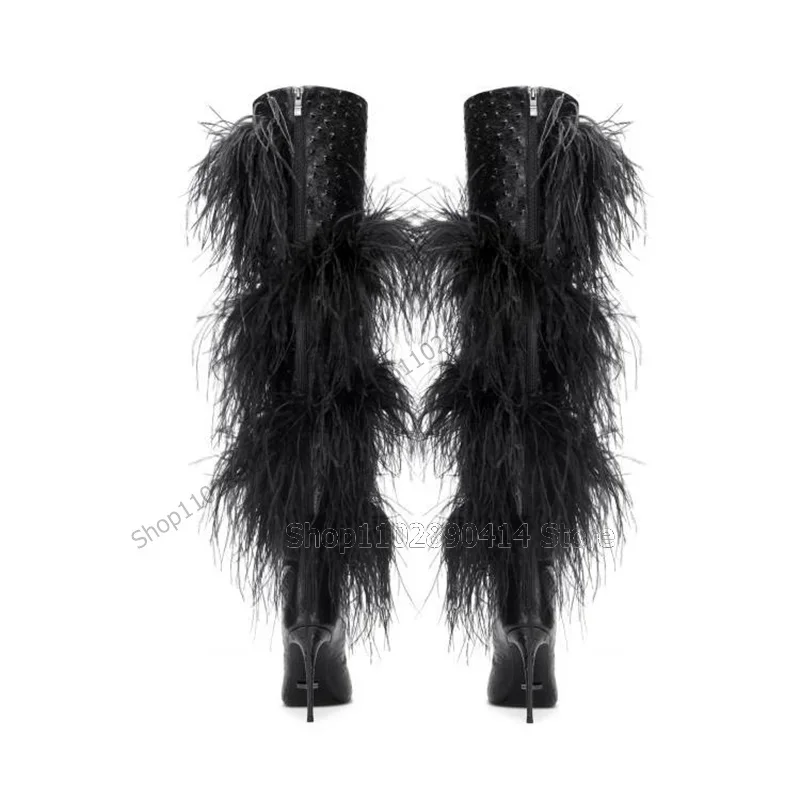 블랙 타조 무늬 깃털 장식 뾰족코 부츠 뒤쪽 지퍼 여성 신발 얇은 하이힐 신상 런웨이 2023 여성용 신발