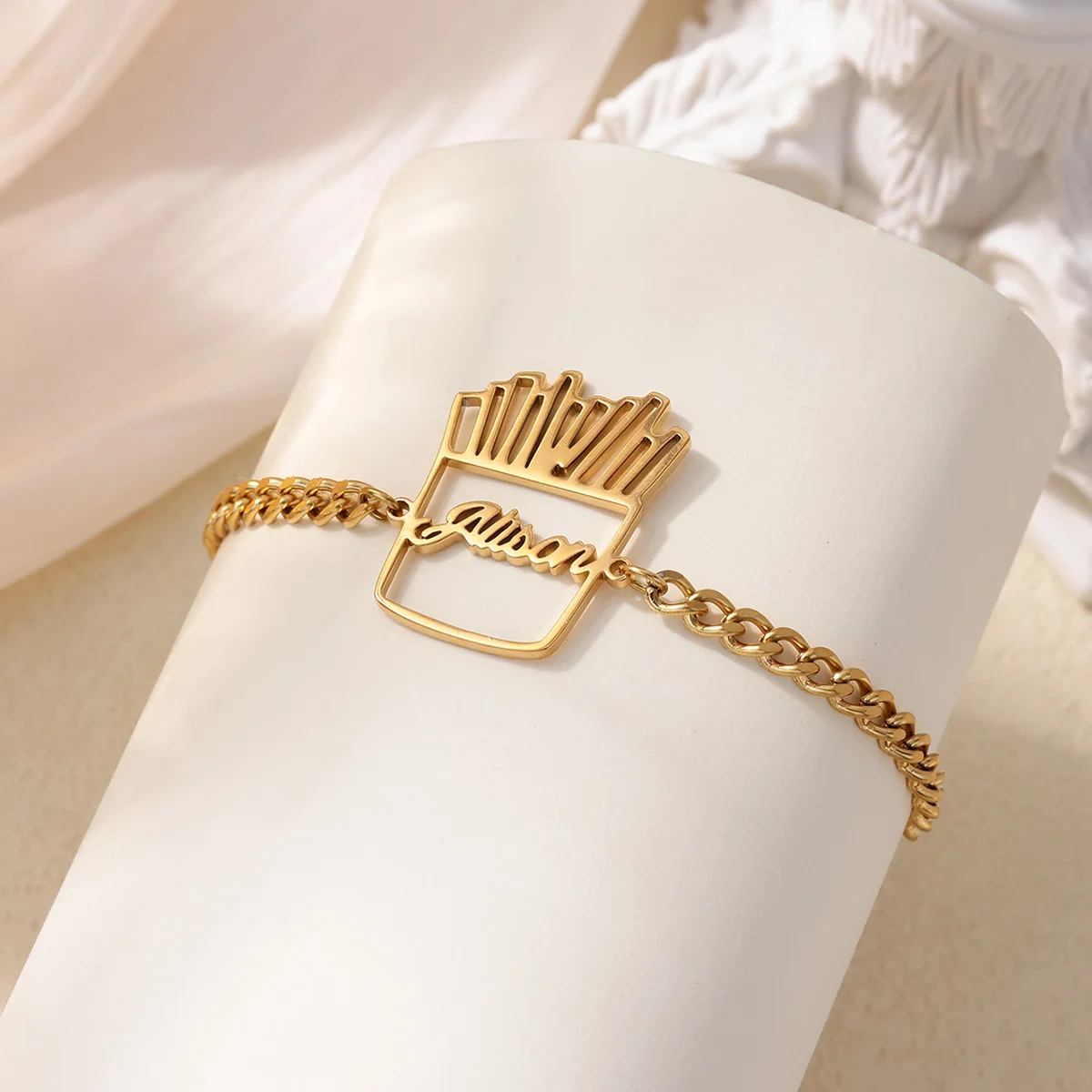 Customized Stainless Steel Name Bracelet For Women Hollow French Fries Pattern Aesthetic Name Bracelet Daily Wear Jewelry