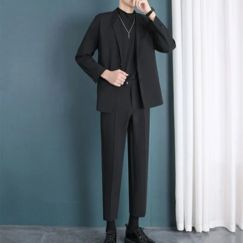 Men's Apricot Tow Piece Suit Set Korean Style Casual Autumn Stylish Professional Formal Wear Groomsman Attire