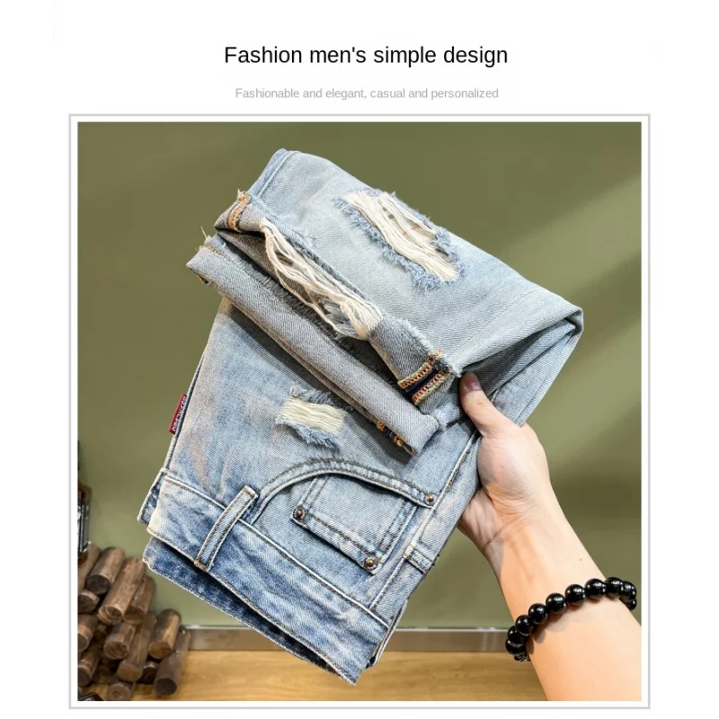 

Personalized hole denim shorts men's summer new streetwear casual fashion Straight and knee men's hole pants