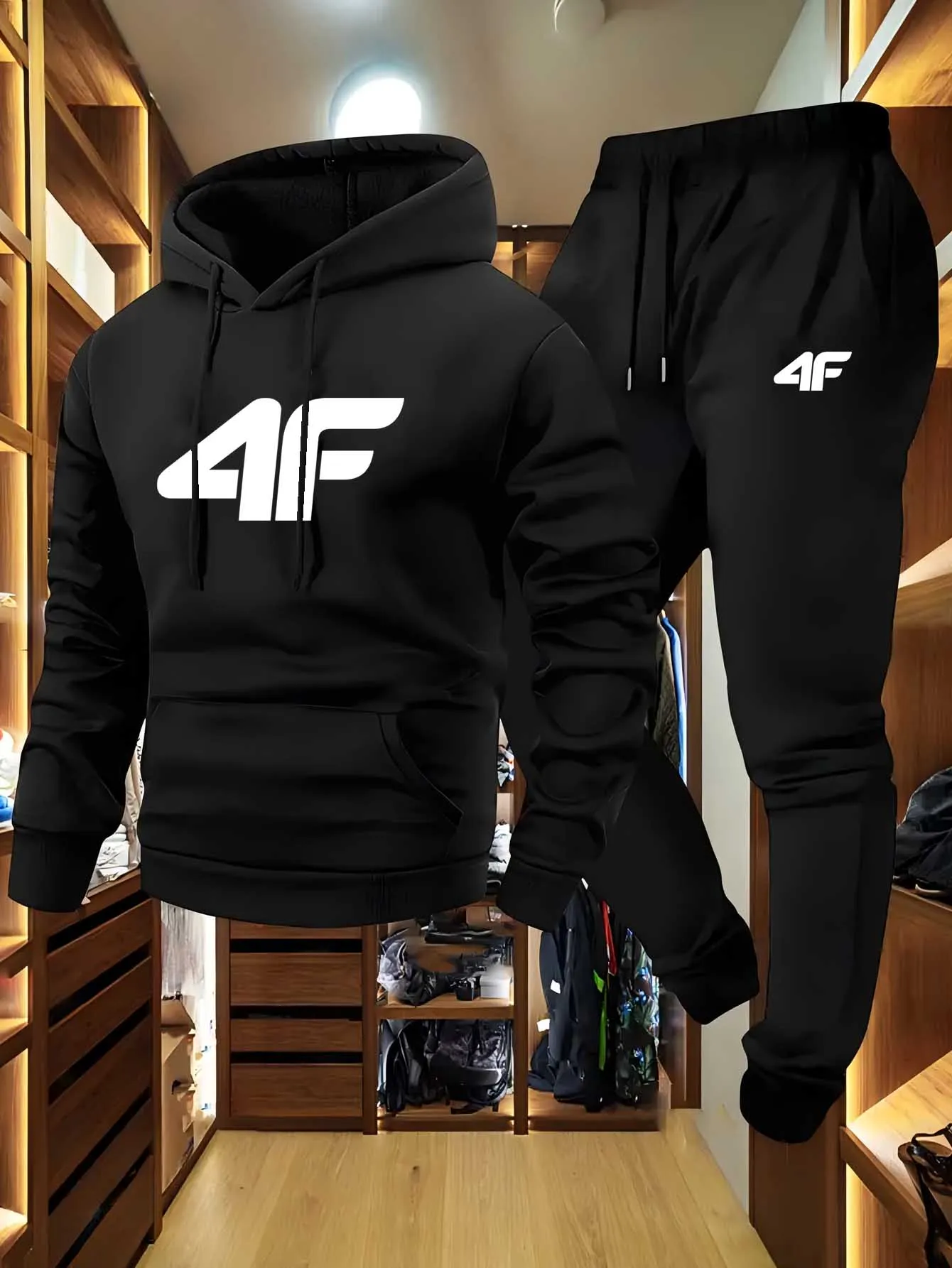 

Men'S Casual Sports Raglan Sleeve Hooded Sweatshirt Two-Piece Set 4F Print Sweatshirt Casual Versatile Trendy Hoodie Set