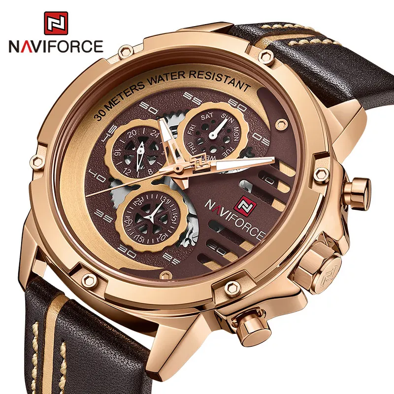 NAVIFORCE Big Dial Luxury Genuine Leather Quartz Watch for Men Business Fashion Multifunction Wristwatches Waterproof Male Clock